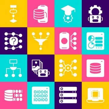 Set Processor CPU, Server, Data, Computer api interface, Graduation cap, Funnel イラスト素材
