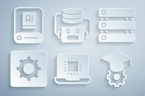 Set Processor CPU, Server, Data, Computer api interface, Graduation cap 스톡 일러스트