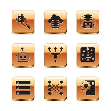 Set Processor CPU, Server, Data, Neural network, Funnel filter, Artificial Stock Illustration