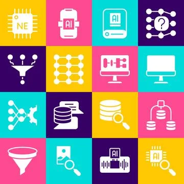 Set Processor CPU, Server, Data, Computer monitor, Artificial intelligence .. Illustrazione stock