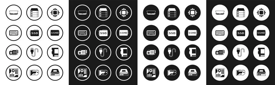 Set Processor with CPU, SSD card, Keyboard, Laptop, SSHD, Server, Data, Web Illustrazione stock