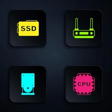 Set Processor with CPU, SSD card, Optical disc drive and Router and wi-fi signal Illustrazione stock