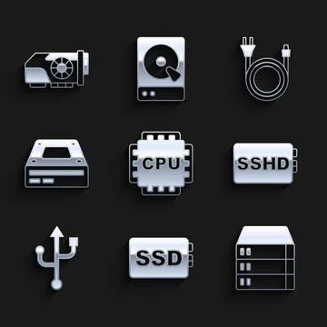 Set Processor with CPU, SSD card, Server, Data, Web Hosting, SSHD, USB, Optical イラスト素材