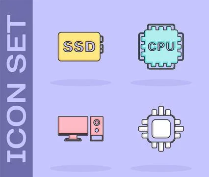 Set Processor with CPU, SSD card, Computer monitor and icon. Vector Stock Illustration
