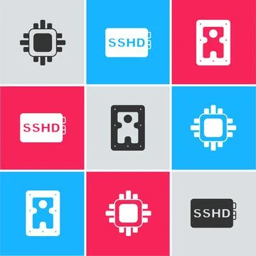 Set Processor with CPU, SSHD card and Hard disk drive HDD icon. Vector Illustrazione stock