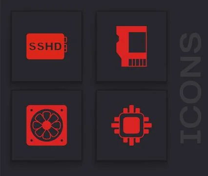 Set Processor with CPU, SSHD card, SD and Computer cooler icon. Vector 스톡 일러스트