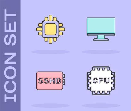 Set Processor with CPU, , SSHD card and Computer monitor screen icon. Vector Illustrazione stock