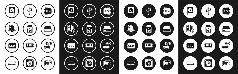 Set Processor with CPU, Uninterruptible power supply, Case of computer, Hard 스톡 일러스트