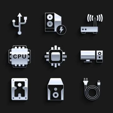 Set Processor with CPU, Uninterruptible power supply, Electric plug, Computer Illustrazione stock