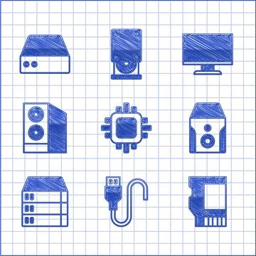 Set Processor with CPU, USB cable cord, SD card, Uninterruptible power supply Stock Illustration
