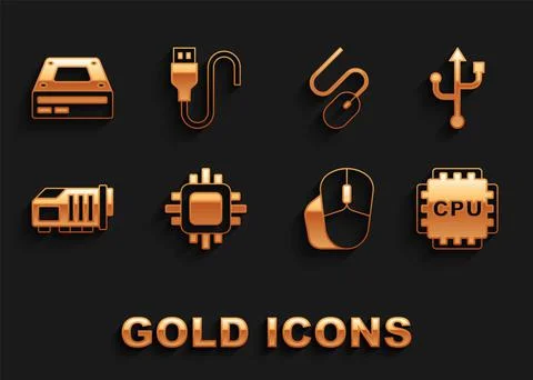 Set Processor with CPU, USB, Computer mouse, Video graphic card, Optical disc 스톡 일러스트