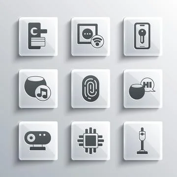 Set Processor with CPU, Vacuum cleaner, Voice assistant, Fingerprint, Web camera Stock Illustration