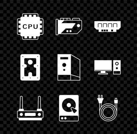 Set Processor with CPU, Video graphic card, RAM, random access memory, Router wi Stock Illustration