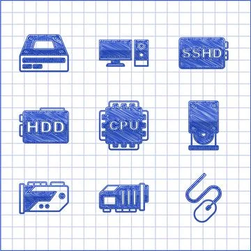 Set Processor with CPU, Video graphic card, Computer mouse, Optical disc drive Stockillustratie