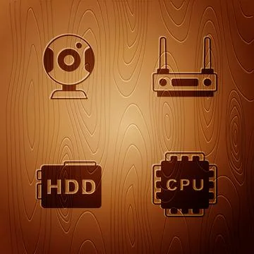 Set Processor with CPU, Web camera, Hard disk drive HDD and Router and wi-fi Stock Illustration