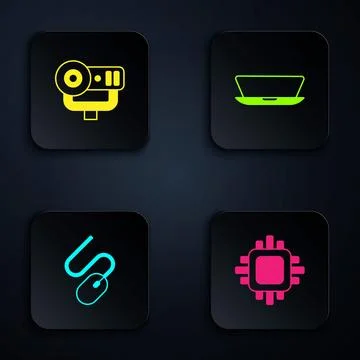 Set Processor with CPU, Web camera, Computer mouse and Laptop. Black square.. Illustrazione stock