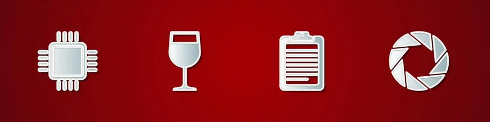 Set Processor with CPU, Wine glass, Clipboard document and Camera shutter icon Stock Illustration