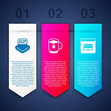 Set Processor, Cup of tea with tea bag and Search engine. Business infographic Stock Illustration