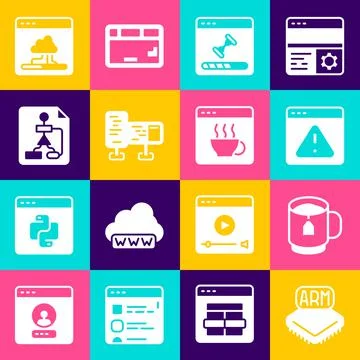 Set Processor, Cup of tea with tea bag, Browser exclamation mark, Loading data Stock Illustration