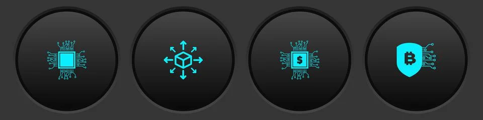 Set Processor, Distribution, chip with dollar and Shield bitcoin icon. Vector Stock Illustration
