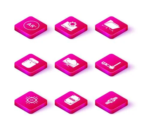 Set Processor, Hard disk drive HDD, Air headphones in box, Computer monitor Stock Illustration