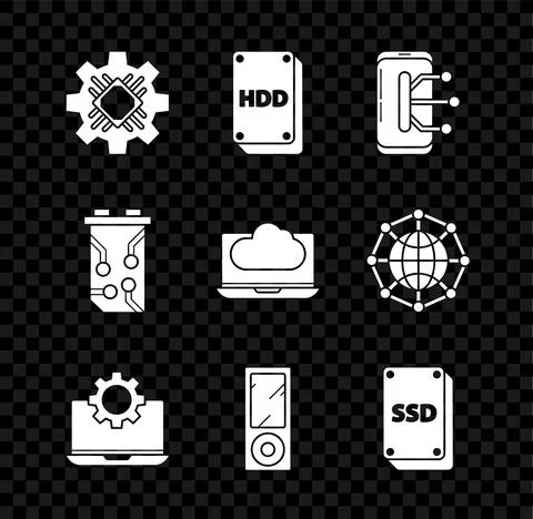 Set Processor, Hard disk drive HDD, Smartphone, mobile phone, Laptop and gear Stockillustratie