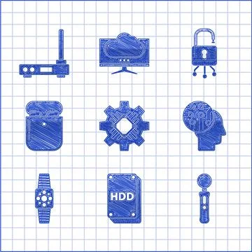 Set Processor, Hard disk drive HDD, Gamepad, Human brain as digital circuit Illustrazione stock