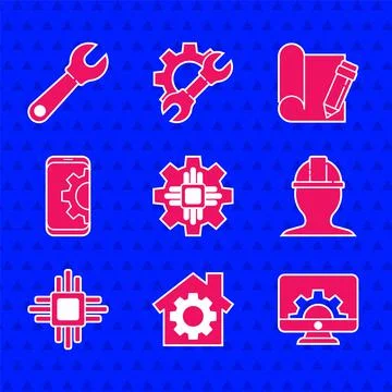 Set Processor, House with gear, Computer monitor and, Worker safety helmet イラスト素材