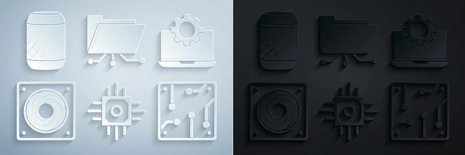 Set Processor, Laptop and gear, Computer cooler, Folder lock and Voice assistant Stockillustratie