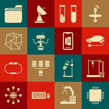 Set Processor with microcircuits CPU, 3D printer, Electric car, Test tube and 库存插图