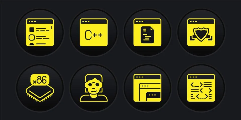 Set Processor with microcircuits CPU, Browser shield, Hacker coder, Softwar.. Stock Illustration