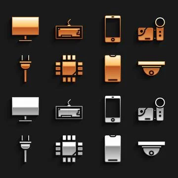 Set Processor with microcircuits CPU, Cinema camera, Motion sensor, Smartphone 库存插图