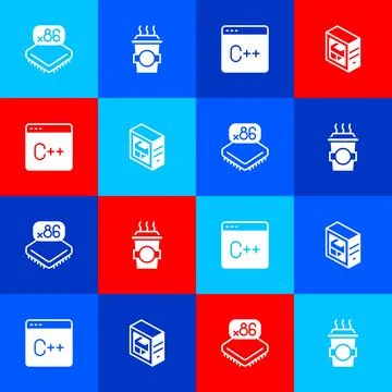 Set Processor with microcircuits CPU, Coffee cup to go, Software and Computer Stock Illustration