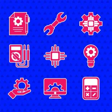 Set Processor with microcircuits CPU, Computer monitor and gear, Calculator 库存插图
