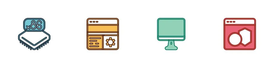 Set Processor with microcircuits CPU, Debugging, Computer monitor screen and Illustrazione stock