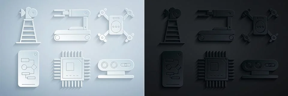 Set Processor with microcircuits CPU, Drone flying action camera, Algorithm, 3d Stock Illustration
