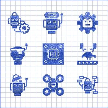 Set Processor with microcircuits CPU, Drone, Robot, Robotic robot arm factory Stockillustratie