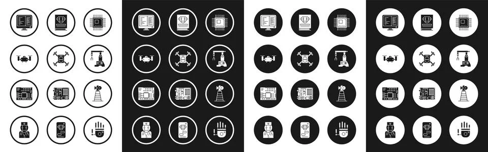 Set Processor with microcircuits CPU, Drone flying action camera, Computer 스톡 일러스트