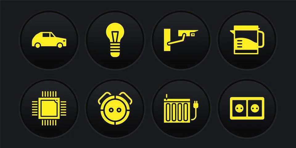 Set Processor with microcircuits CPU, Electric kettle, Robot vacuum cleaner Illustrazione stock