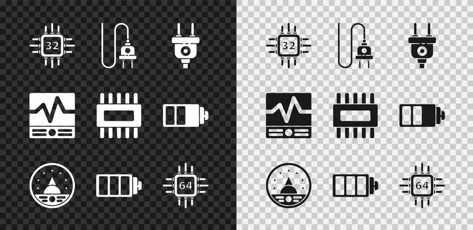 Set Processor with microcircuits CPU, Electric plug, Ampere meter, multimeter Stock Illustration
