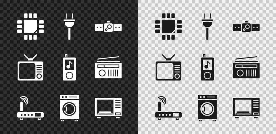 Set Processor with microcircuits CPU, Electric plug, Smartwatch, Router and wi Stock Illustration