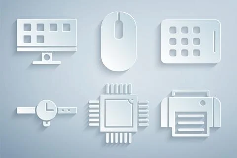 Set Processor with microcircuits CPU, Graphic tablet, Wrist watch, Printer, C Stock Illustration
