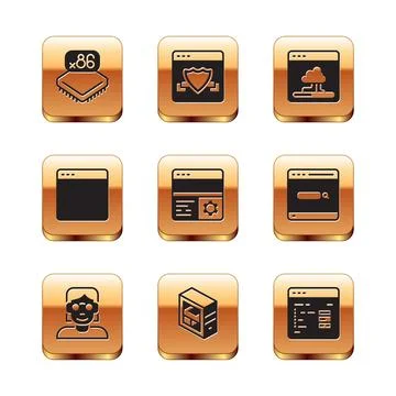 Set Processor with microcircuits CPU, Hacker coder, Computer, Debugging, Browser Stock Illustration