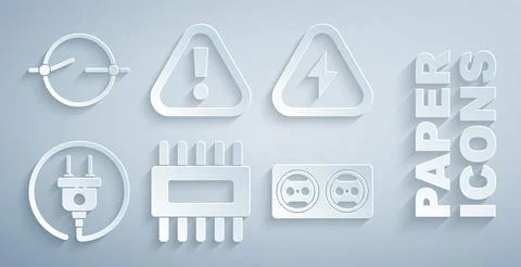 Set Processor with microcircuits CPU, High voltage, Electric plug, Electrical 库存插图