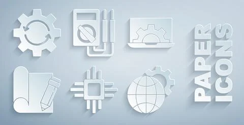 Set Processor with microcircuits CPU, Laptop and gear, Graphing paper pencil Illustrazione stock