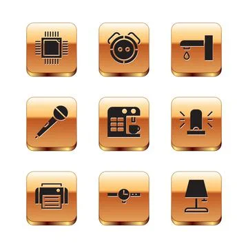 Set Processor with microcircuits CPU, Printer, Wrist watch, Coffee machine Stock Illustration
