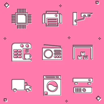 Set Processor with microcircuits CPU, Printer, Security camera, Coffee mach.. Illustrazione stock