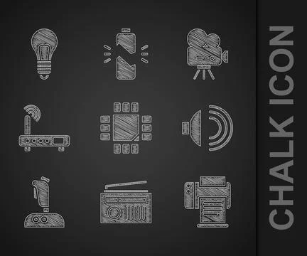 Set Processor with microcircuits CPU, Radio antenna, Printer, Speaker volume Stock Illustration