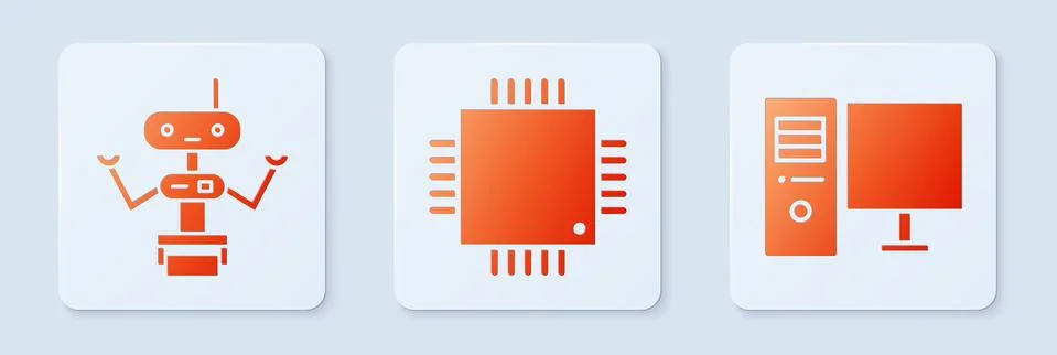Set Processor with microcircuits CPU, Robot and Computer monitor. White square Illustrazione stock