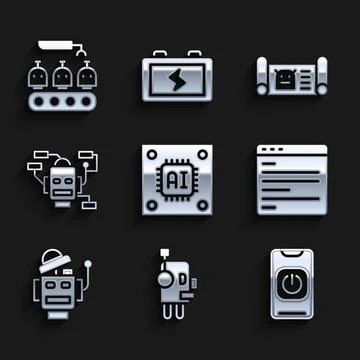 Set Processor with microcircuits CPU, Robot, Turn off robot from phone, Computer Stock Illustration